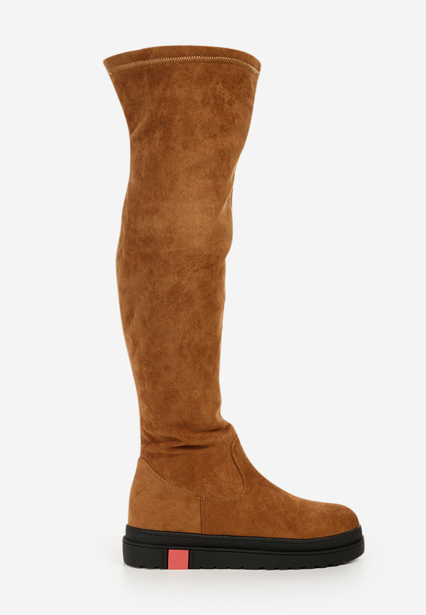 Camelové vysoké kozačky na plochém podpatku Esme