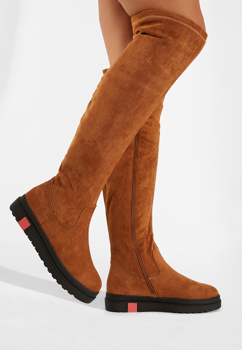 Camelové vysoké kozačky na plochém podpatku Esme