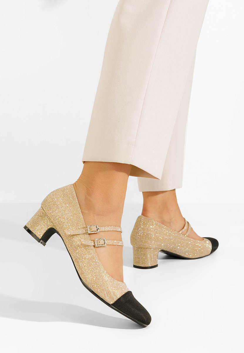 Zlaté lodičky na nízkém podpatku Nakira