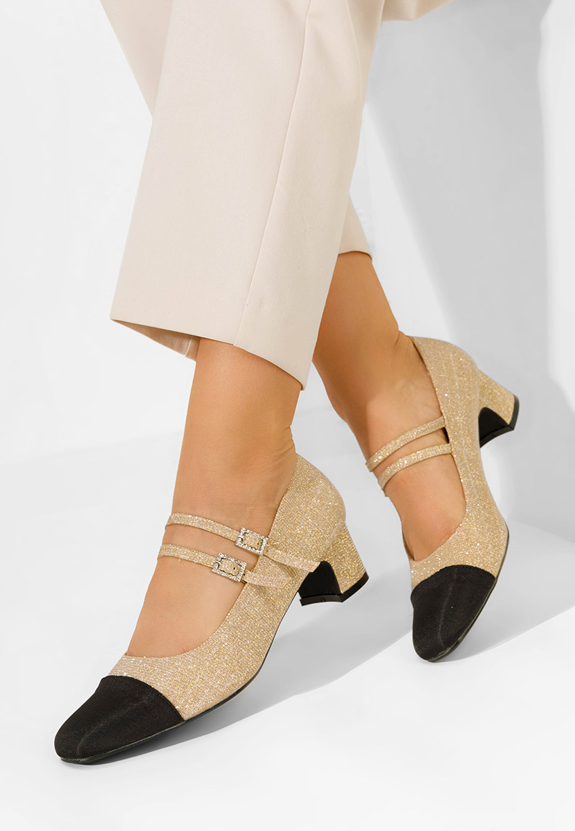 Zlaté lodičky na nízkém podpatku Nakira