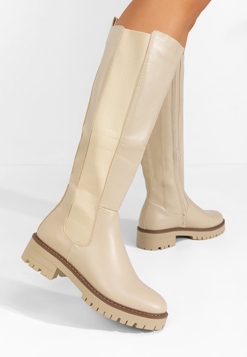 Béžové vysoké kozačky na plochém podpatku Buffy