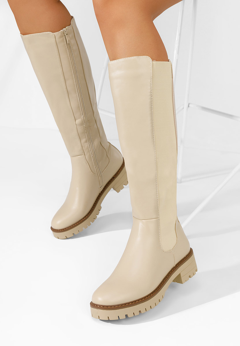 Béžové vysoké kozačky na plochém podpatku Buffy