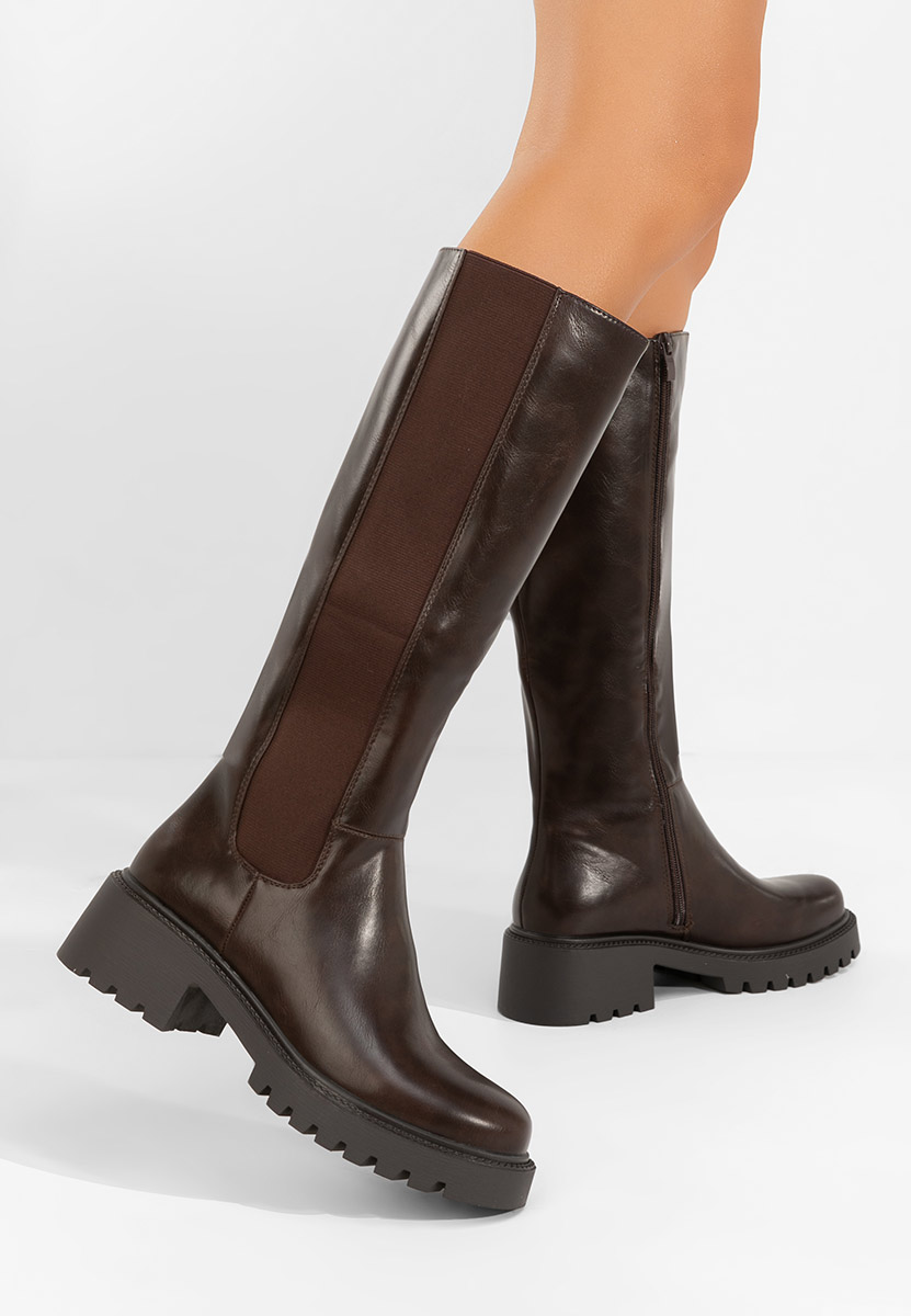 Hnedé vysoké kozačky na plochém podpatku Calipso