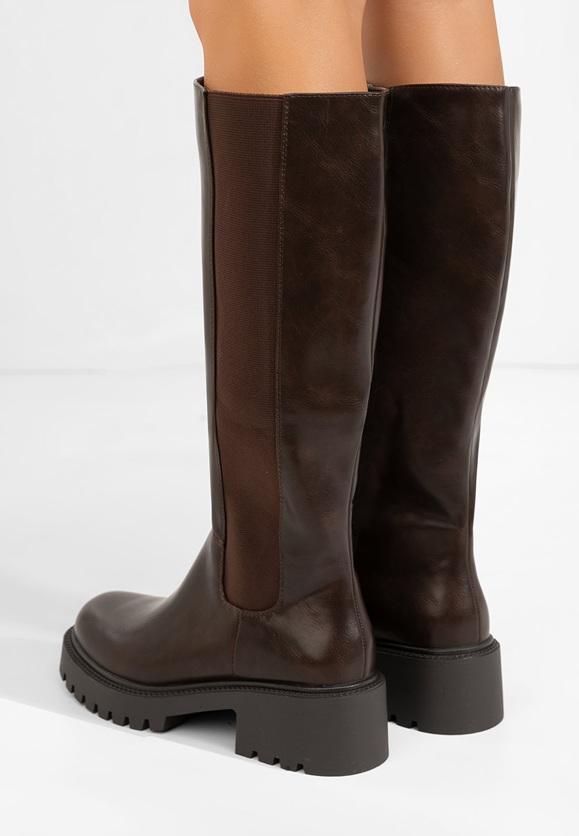 Hnedé vysoké kozačky na plochém podpatku Calipso