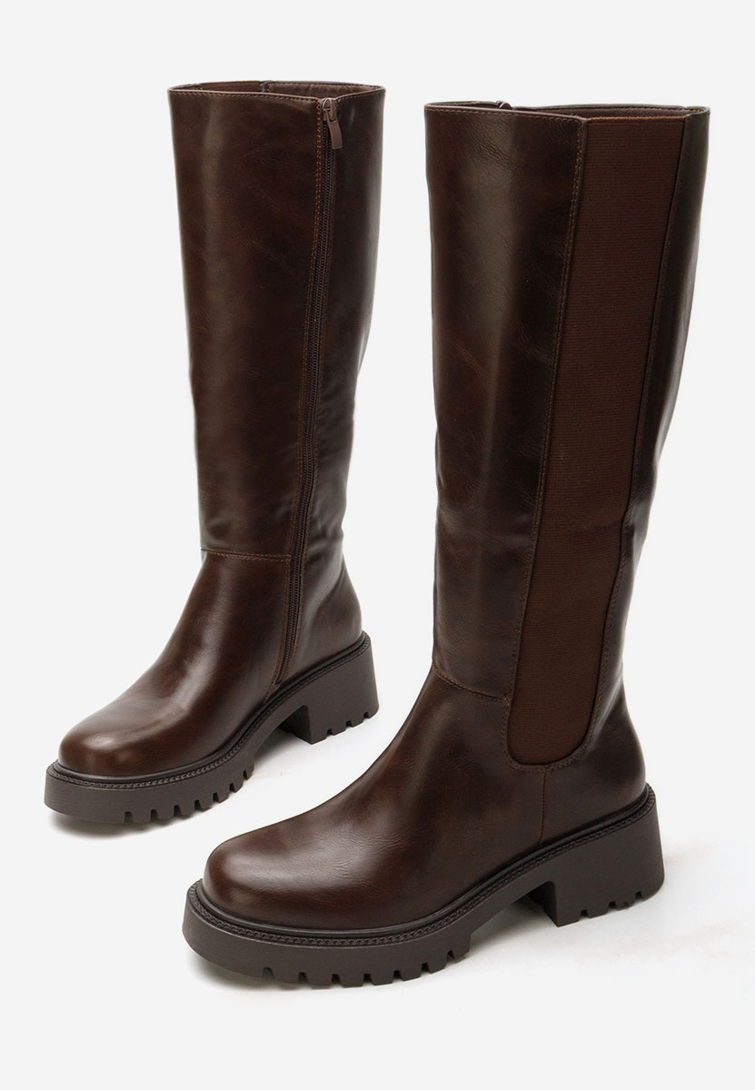 Hnedé vysoké kozačky na plochém podpatku Calipso