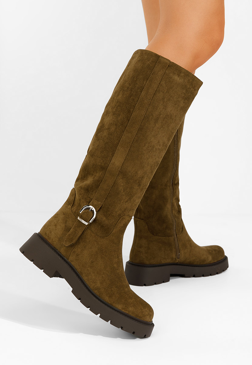 Khaki vysoké kozačky na plochém podpatku Sinoma