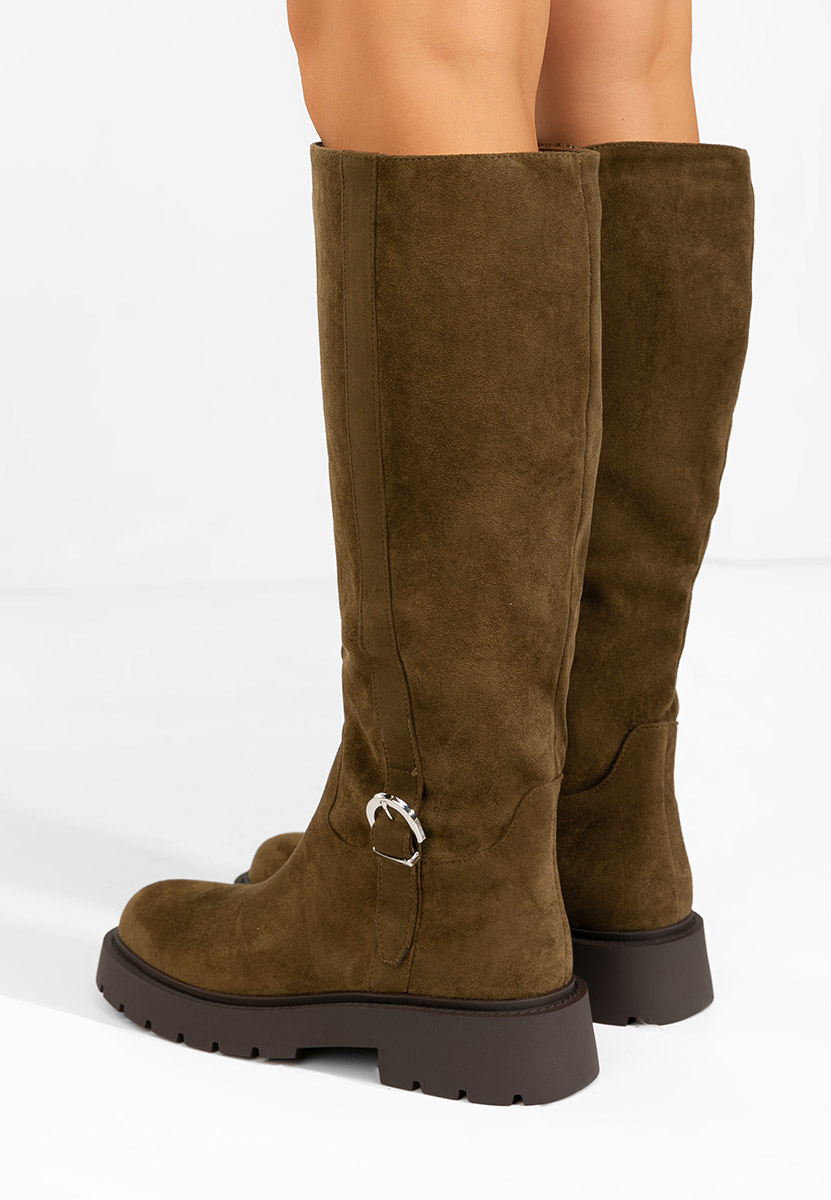 Khaki vysoké kozačky na plochém podpatku Sinoma