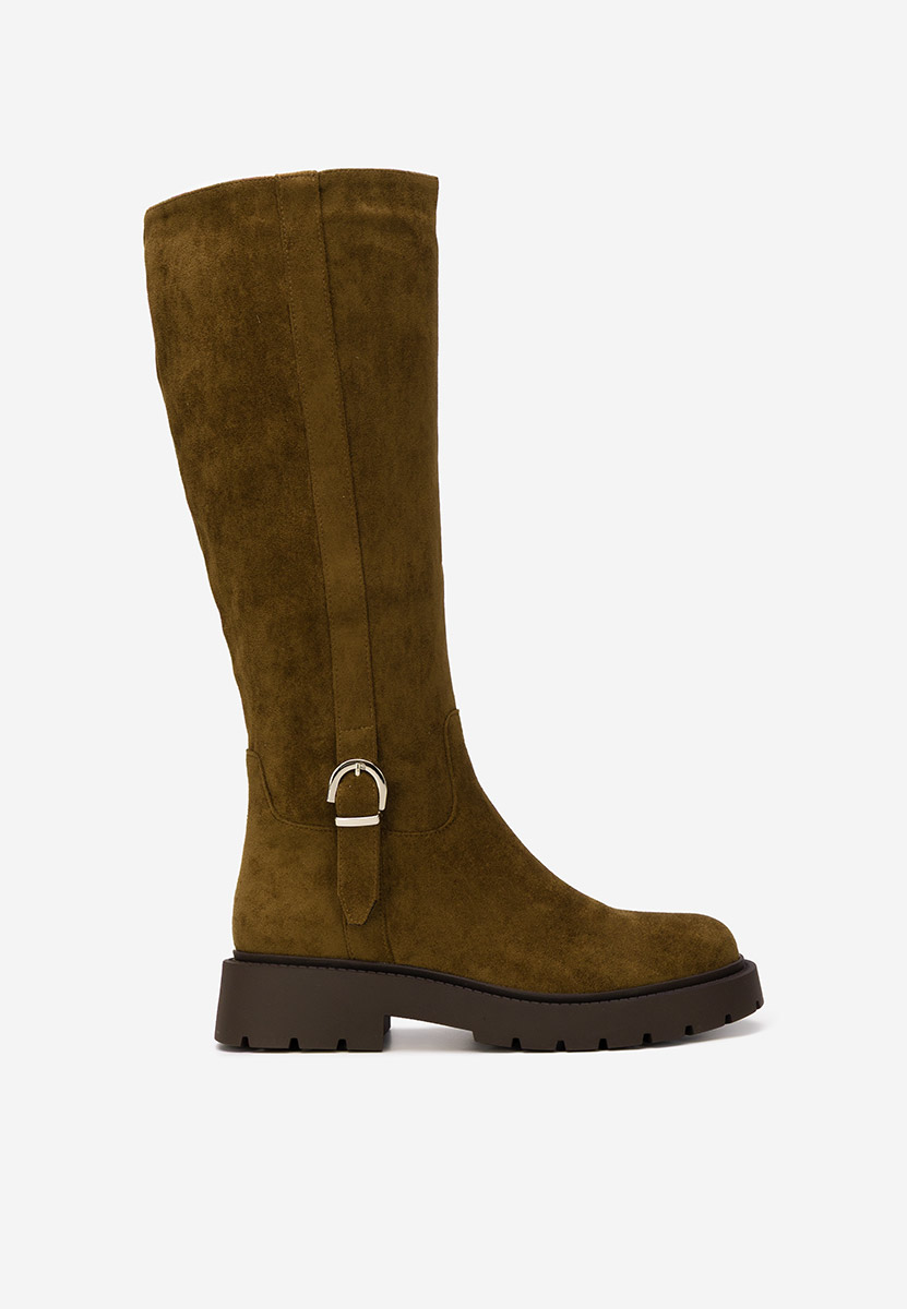 Khaki vysoké kozačky na plochém podpatku Sinoma