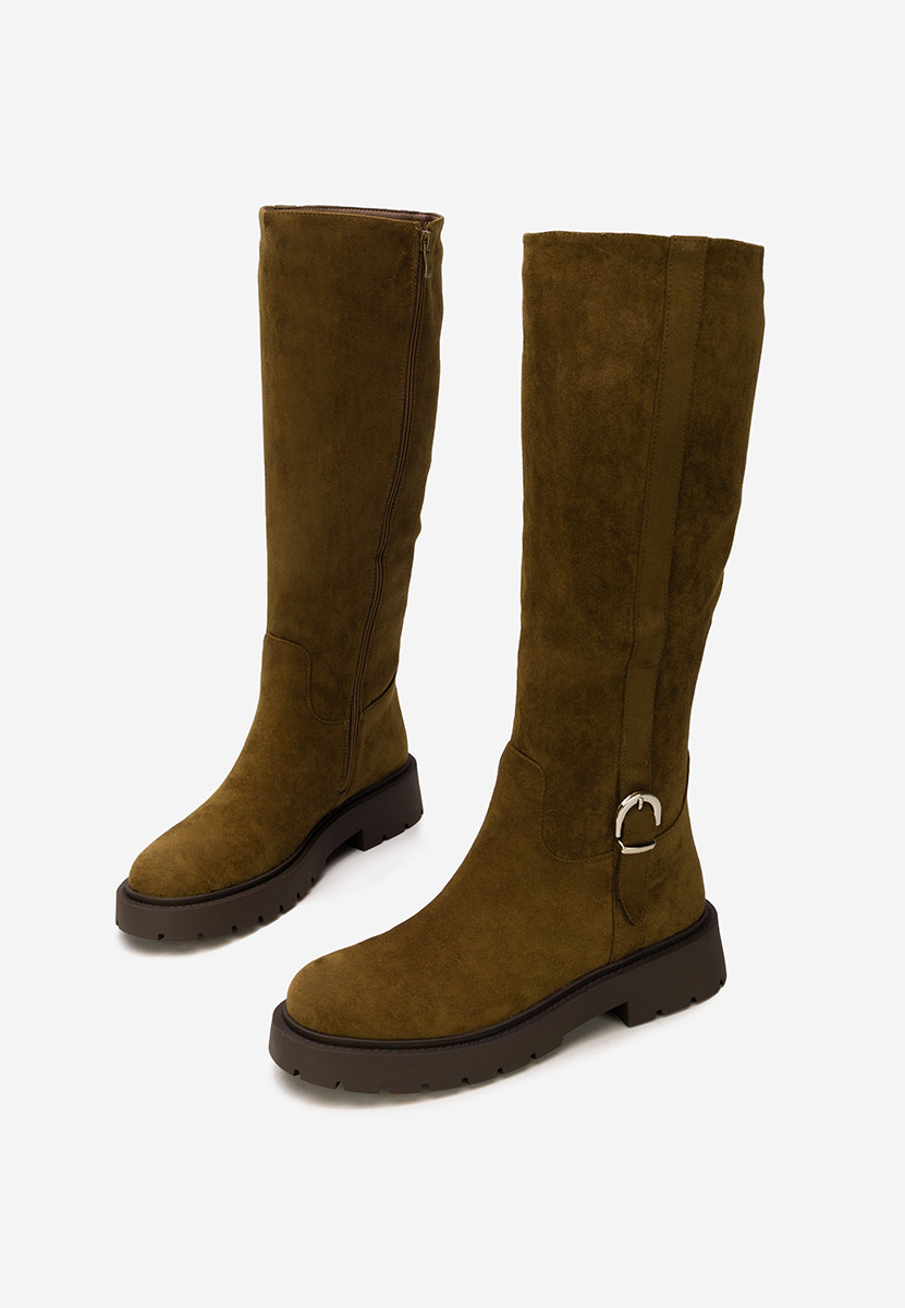 Khaki vysoké kozačky na plochém podpatku Sinoma