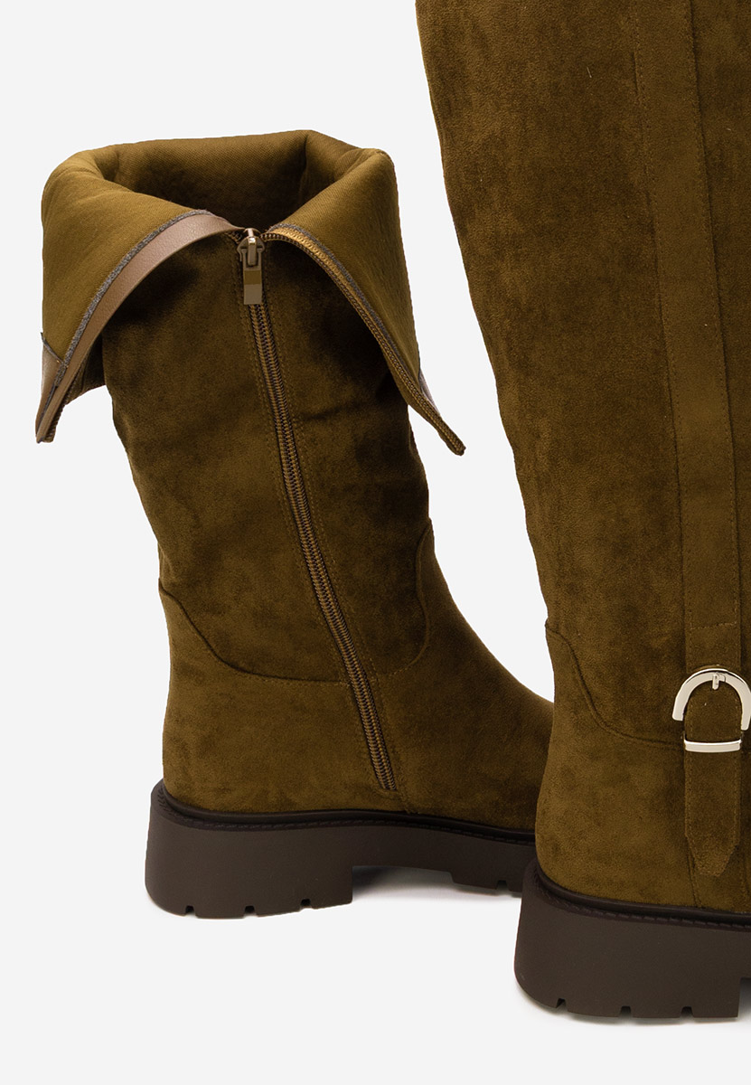 Khaki vysoké kozačky na plochém podpatku Sinoma