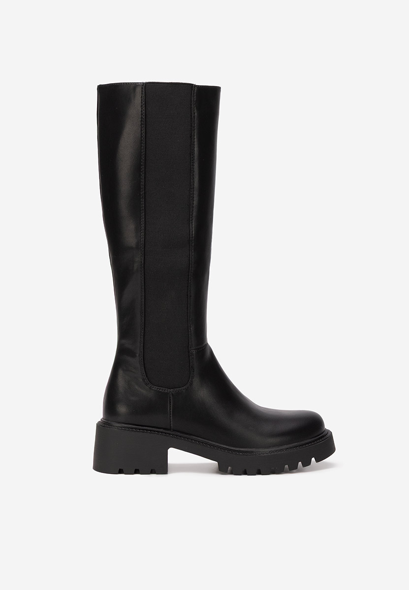 Černé vysoké kozačky na plochém podpatku Calipso