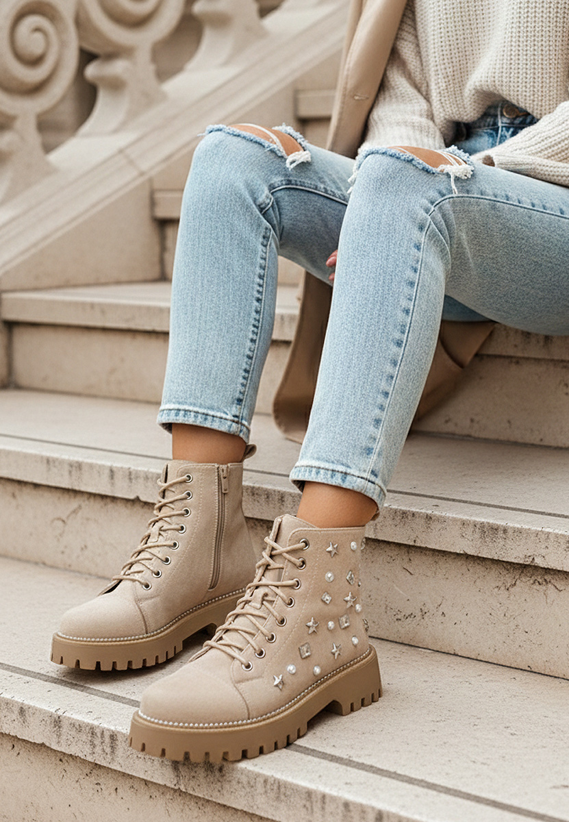 Béžové šněrovací kotníkové boty Stelyana