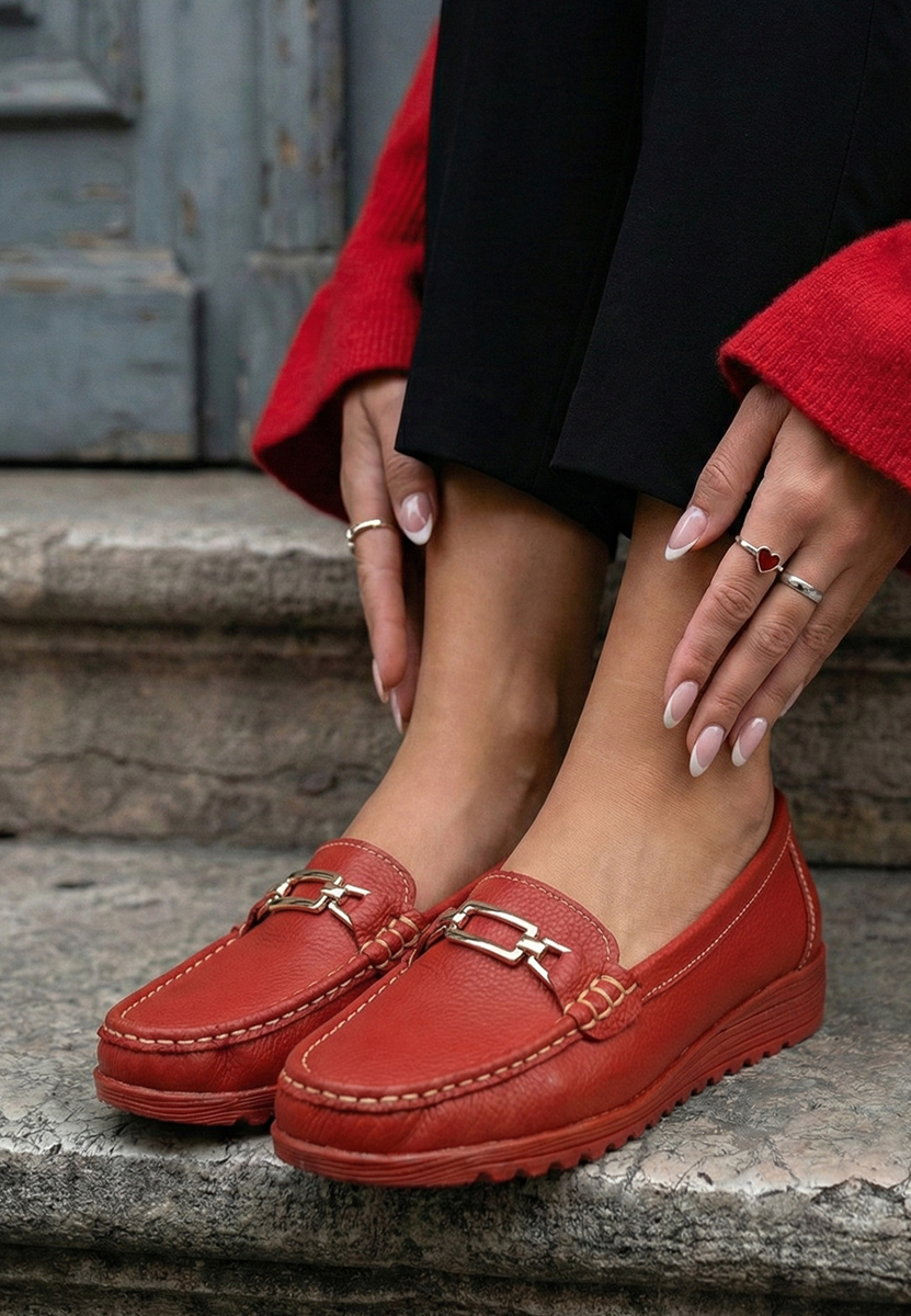 Červené dámské kožené mokasíny Fahima